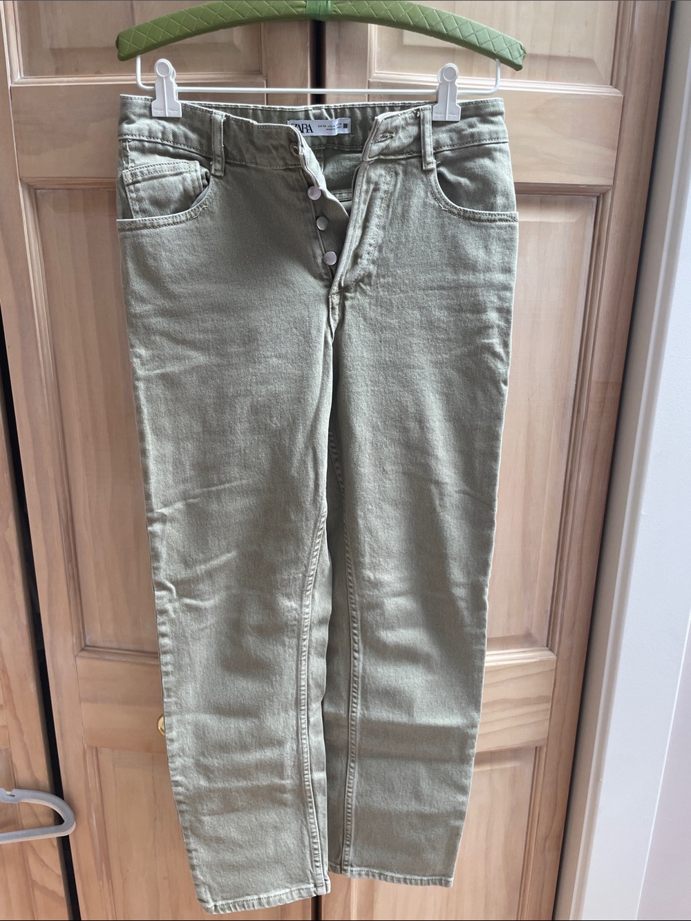 Zara Light Olive Green Button-Fly Jeans